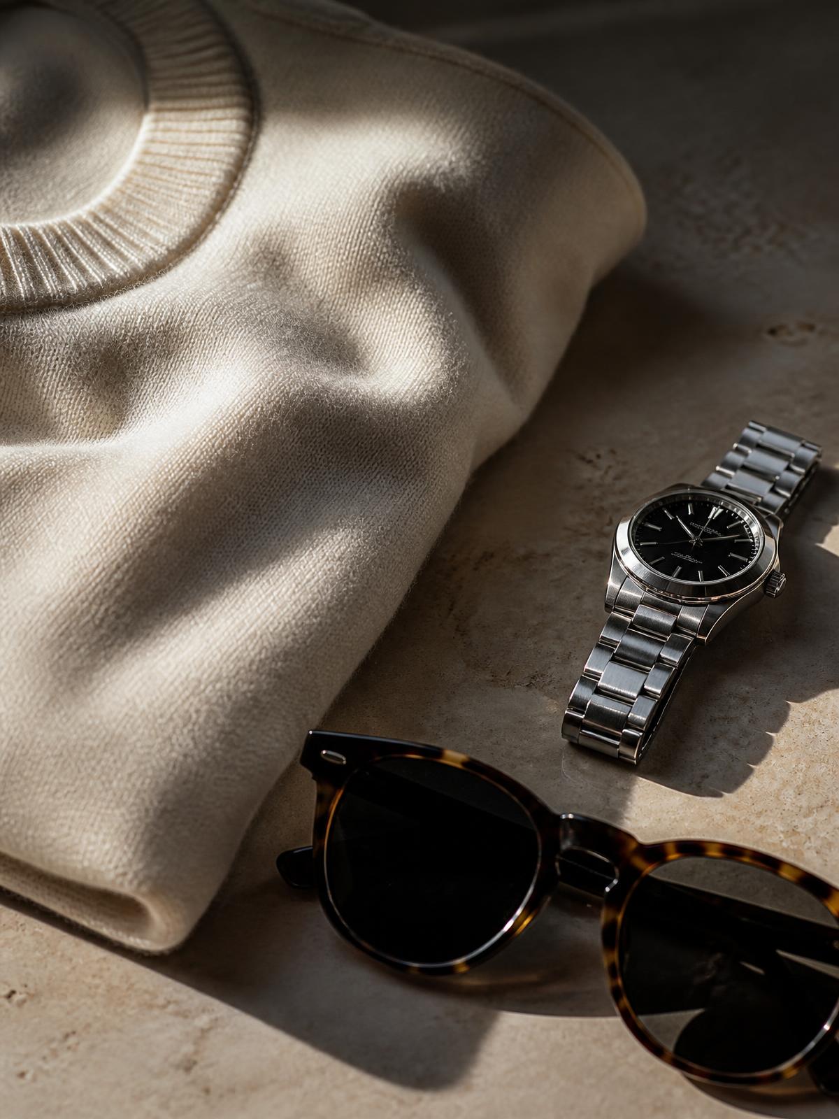 Detalhe still life — suéter cashmere, relógio, óculos